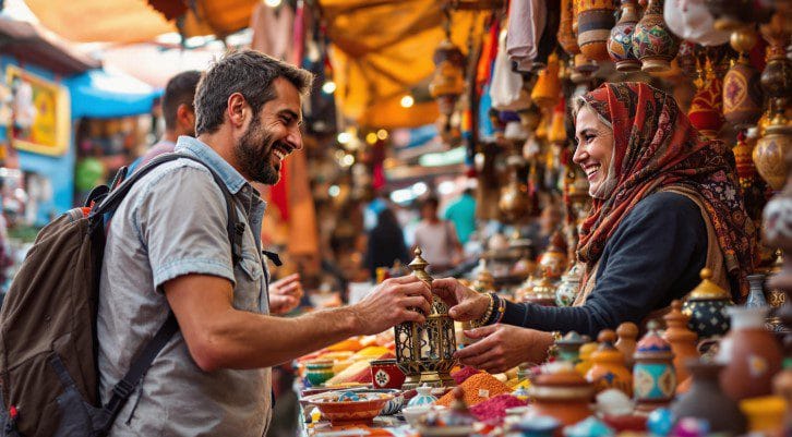 Turista a regatear amigavelmente com vendedor num souk de Marraquexe