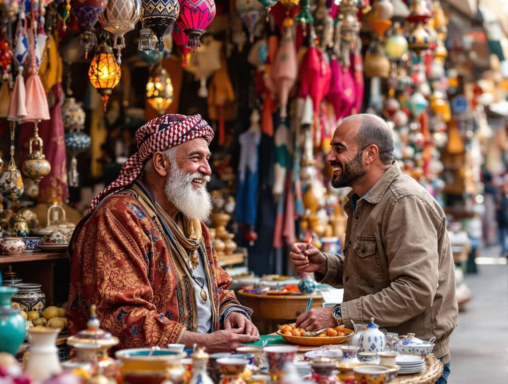 turista a interagir com vendedor num souk de Marraquexe