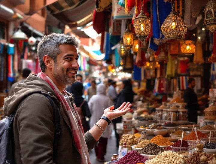 Turista a recusar educadamente oferta num souk em Marraquexe