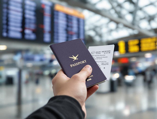 Mão a segurar passaporte e bilhete de avião no dia da viagem para Marraquexe
