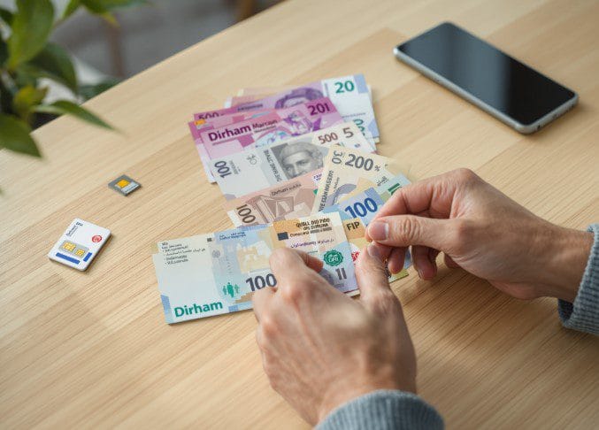 Mãos a organizar Dirhams marroquinos e um cartão SIM local para viagem