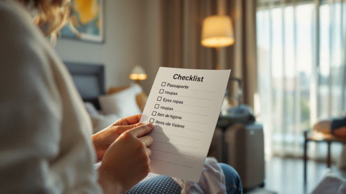 Pessoa com uma checklist de viagem na mão
