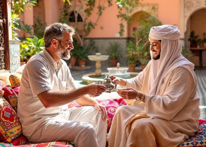 Turista a aceitar um convite para chá num riad em Marraquexe