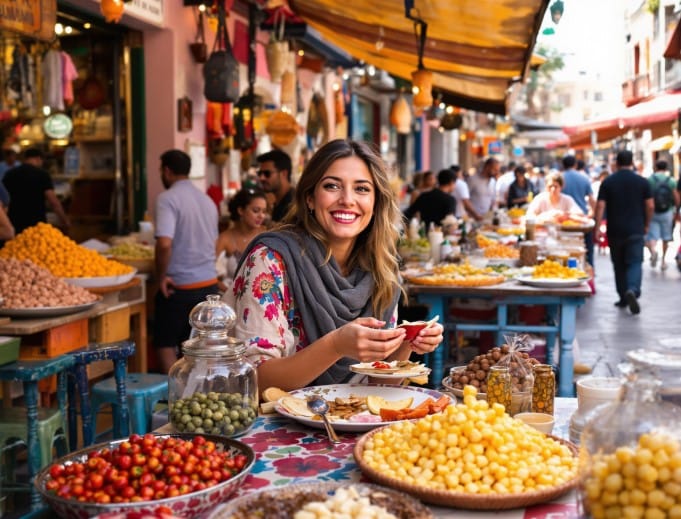Turista a experimentar comida de rua num souk de Marraquexe