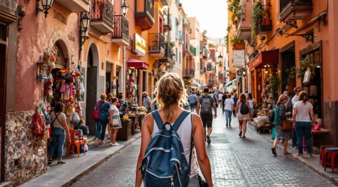 Mulher a caminhar numa rua de Marraquexe ao entardecer