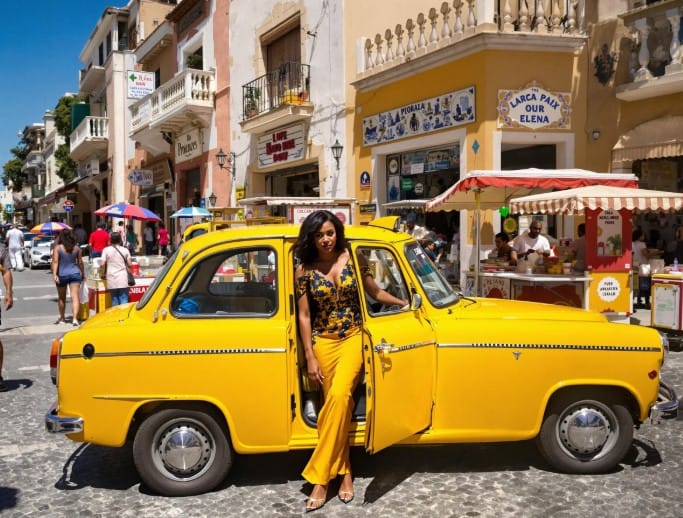 Turista num petit taxi em Marraquexe durante o dia