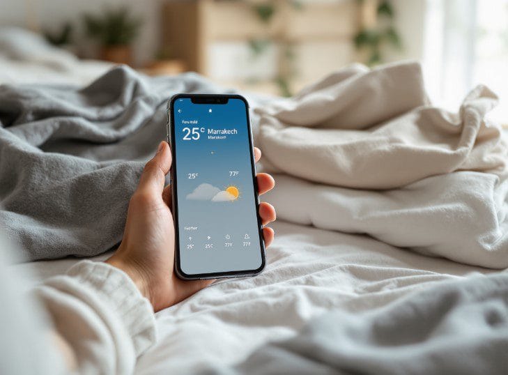 Pessoa a consultar a previsão do tempo para Marraquexe num smartphone antes de fazer a mala